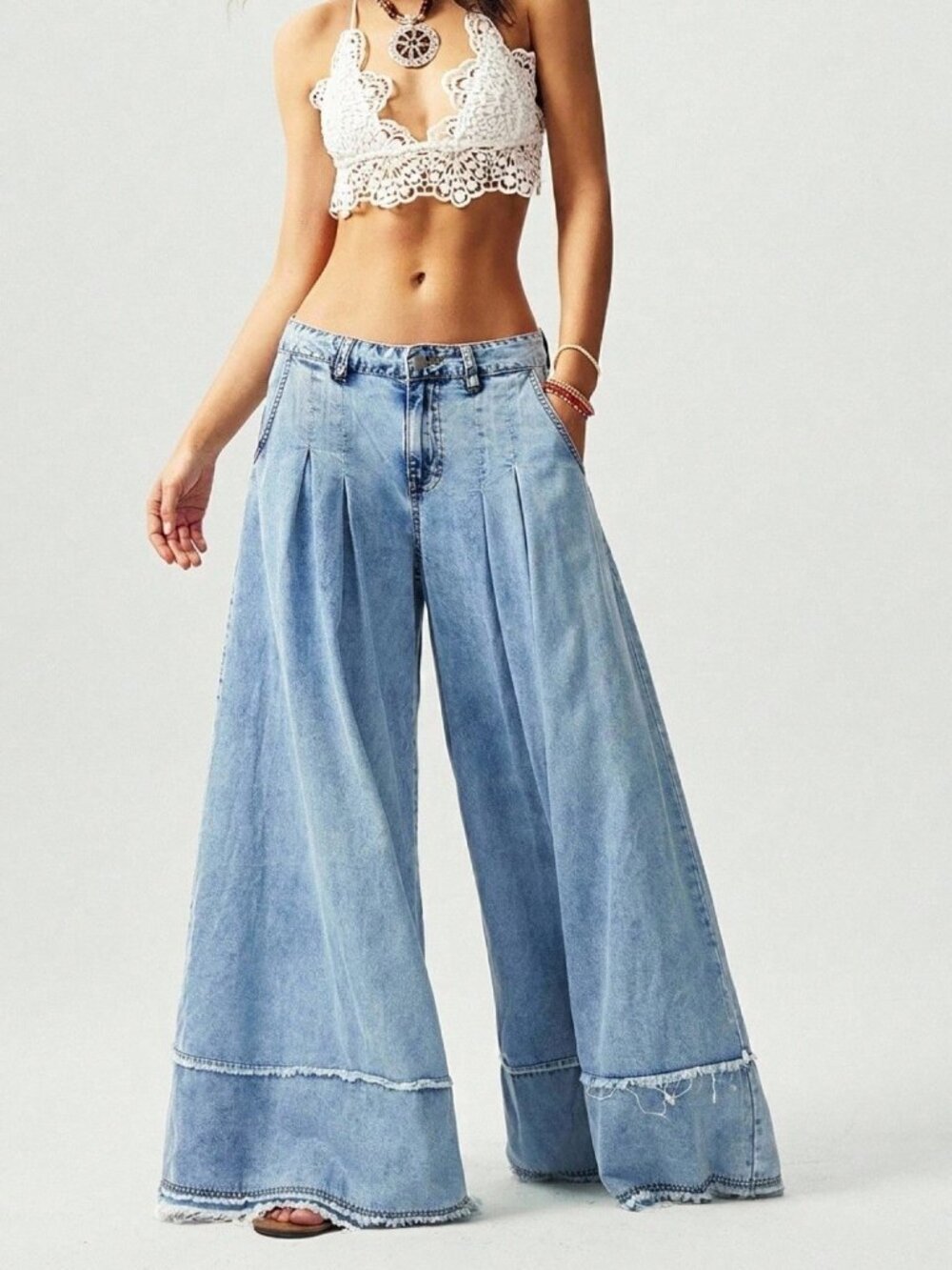 Blue Casual Women's Woven Loose Wide Leg Pants